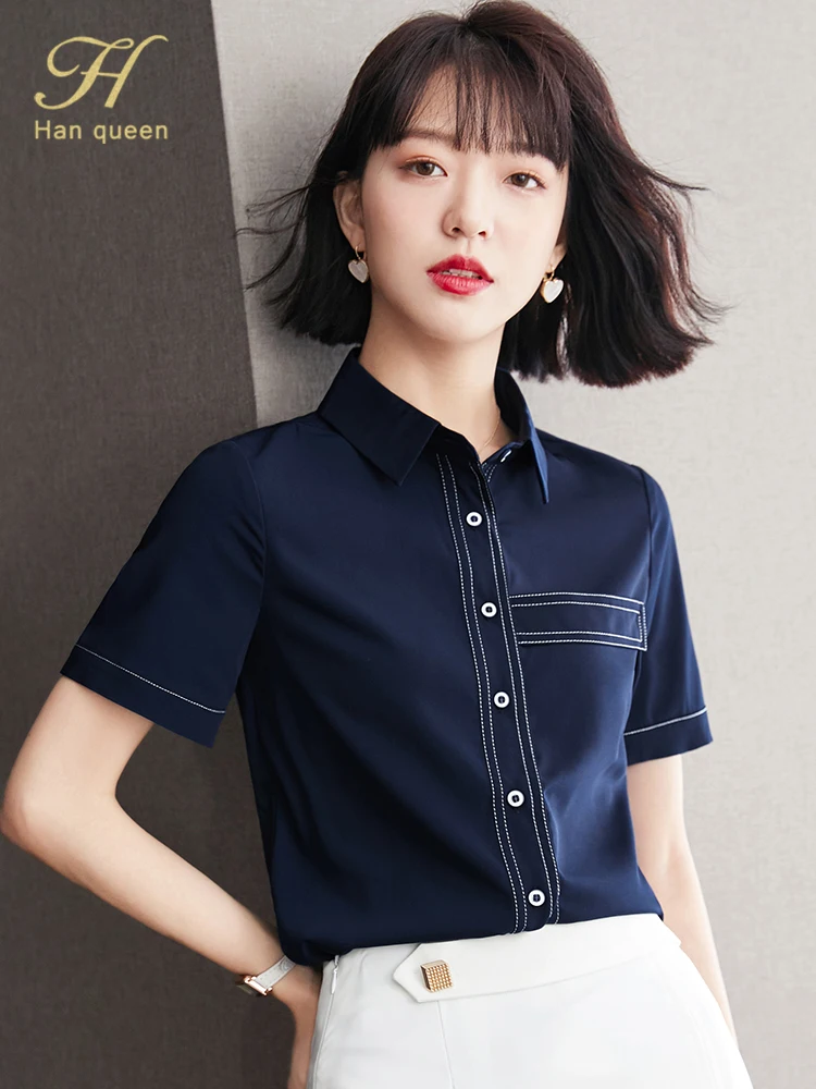 H Han Queen Summer Blouses Office Lady Single Breasted Turn-down Collar Shirts Office Chiffon Blouse Vintage Loose Tops Women
H Han Queen Summer Blouses Office Lady Single Breasted Turn-down Collar Shirts Office Chiffon Blouse Vintage Loose Tops Women