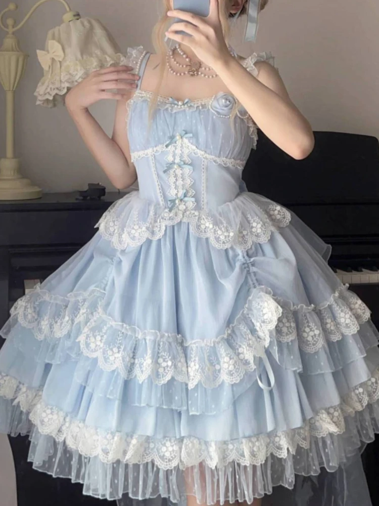 Kawaii Clothing Lolita Dress Women Casual Lace Sleeveless Strap Dress Female Holiday Birthday Even Party Dress 2023 Summer Chic
Kawaii Clothing Lolita Dress Women Casual Lace Sleeveless Strap Dress Female Holiday Birthday Even Party Dress 2023 Summer Chic