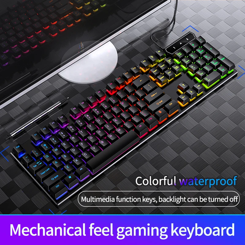 

104Keys Mechanical Feel Gaming Keyboard Game LED RGB Backlit USB Keyboard Gamer Built-in Steel Plate V4 Wired Ergonomic Keyboard