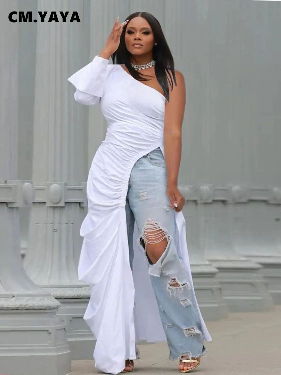 CM.YAYA Vintage Women One Shoulder Long Sleeve High Side Split Ruched Up Stacked Side Maxi Long Dress Fashion Street Dresses
CM.YAYA Vintage Women One Shoulder Long Sleeve High Side Split Ruched Up Stacked Side Maxi Long Dress Fashion Street Dresses