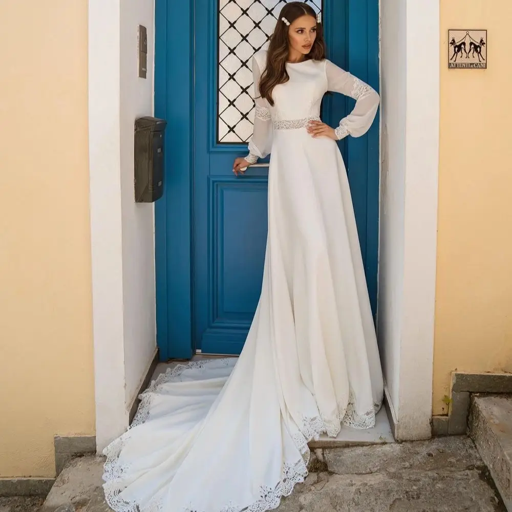 HERBURNL Elegant Wedding Dress Satin Lace Long Sleeves Round Neck Backless Beach Fall Chiffon New Bridal Prom Dress
HERBURNL Elegant Wedding Dress Satin Lace Long Sleeves Round Neck Backless Beach Fall Chiffon New Bridal Prom Dress