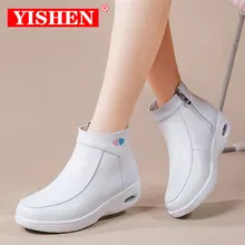 YISHEN Leather Ankle Boots For Women Nurse Shoes Comfortable Zip Up Booties Velvet Lining Platform Boots Zapatos De Enfermera