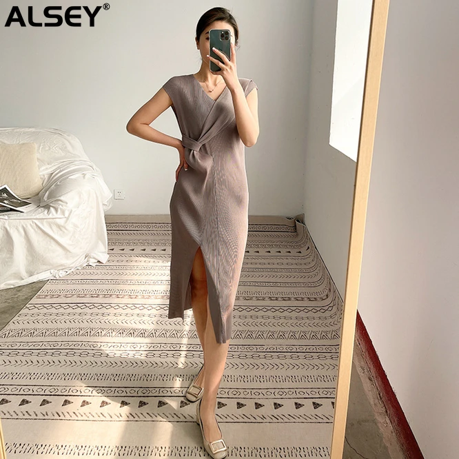

Плиссированное женское платье ALSEY Miyake, нежное длинное платье, тонкая эстетичная плиссированная женская одежда на весну и лето, новинка