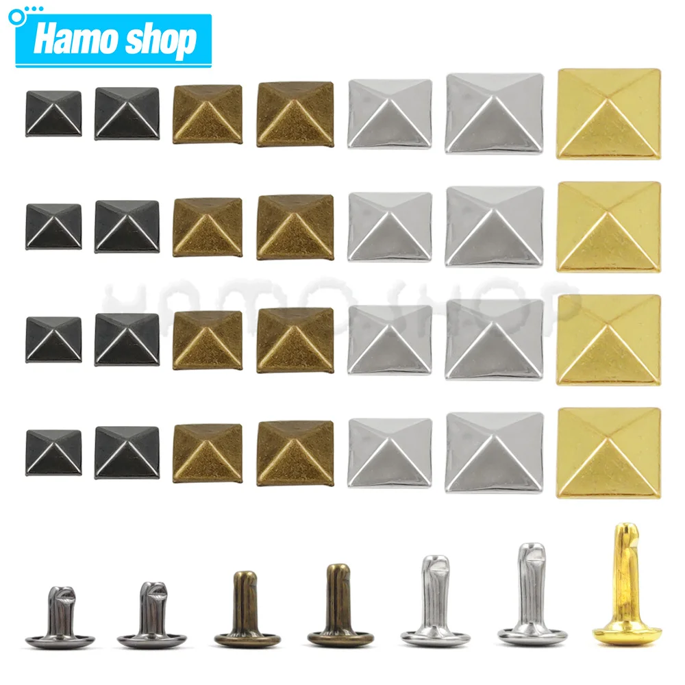 

100sets Metal Pyramid Cap Rivets Square Studs And Round Rivet Base for Leather Craft Bag Clothing Garment Shoes Pet Collar Decor