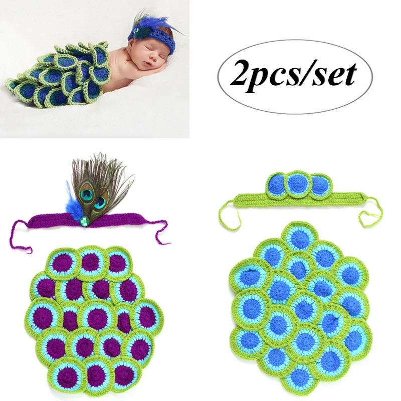 Cute Newborn Photography Props Baby Girls Boys Handmade Soft Crochet Knit Headband + Infant Diaper Cover Peacock Clothing Set | Мать и