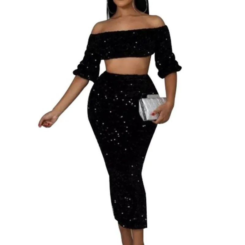 Long Skirts 2 Piece Sets Women Half Sleeve Slash Neck Crop Tops Skirt Suit Summer New Fashion Solid Sequin Sexy Clubwear Outfits
Long Skirts 2 Piece Sets Women Half Sleeve Slash Neck Crop Tops Skirt Suit Summer New Fashion Solid Sequin Sexy Clubwear Outfits
