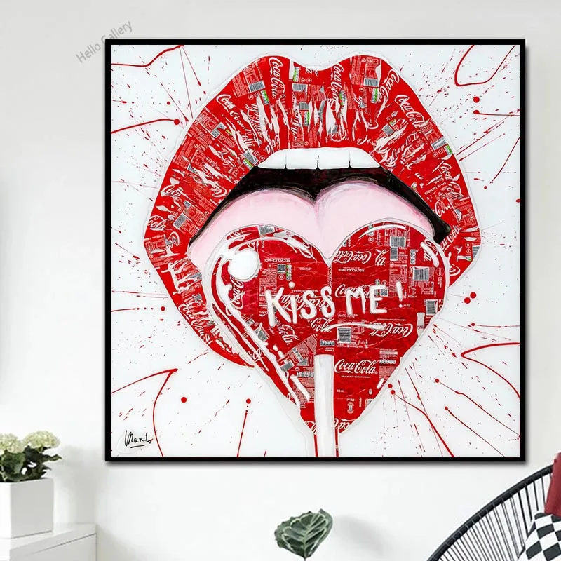 

\Pop Canvas Painting Red Lips Kiss Me Wall Art Home Decor Poster And Print Hanging Pictures Mural Modern Living Room Decoration