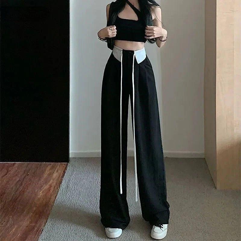 

Korean Black White Patchwork High Waist Loose Straight Regular Pants Female Autumn Drape Lacing Wide Leg Mopping Lengthen Pants