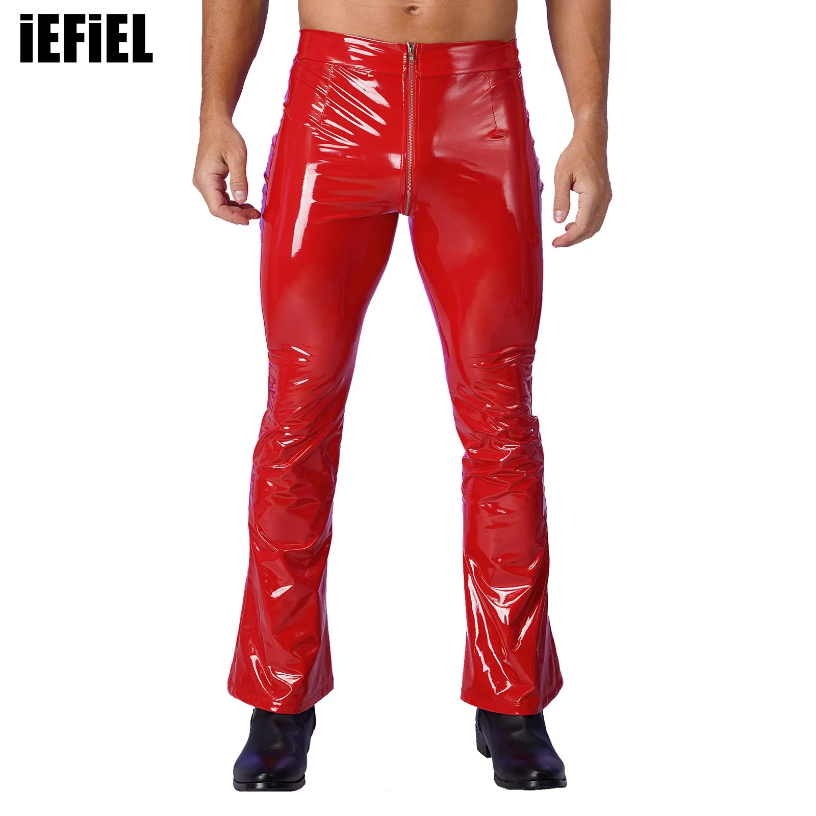 

Mens Glossy Patent Leather Flare Pants Zipper Crotch Bell Bottom Pants Wet Look Costumes for Nightclub Halloween Naughty Cosplay