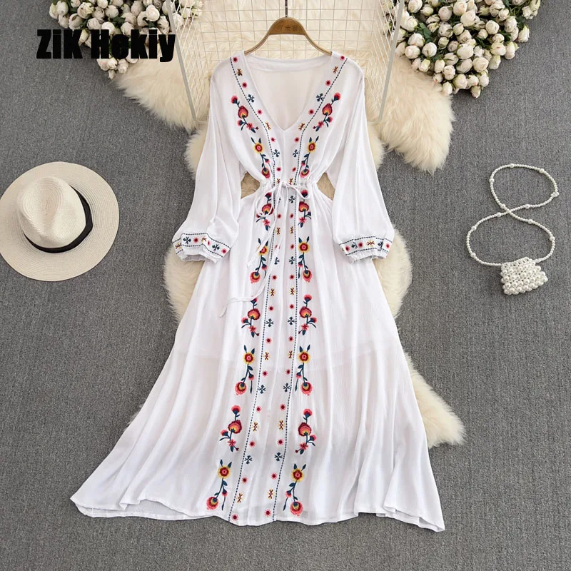 Zik Hekiy Women Bohemian Beach Resort Beach Dress V-Neck Embroidered Tied A-Line Dress Elegant Long Dress Women
Zik Hekiy Women Bohemian Beach Resort Beach Dress V-Neck Embroidered Tied A-Line Dress Elegant Long Dress Women