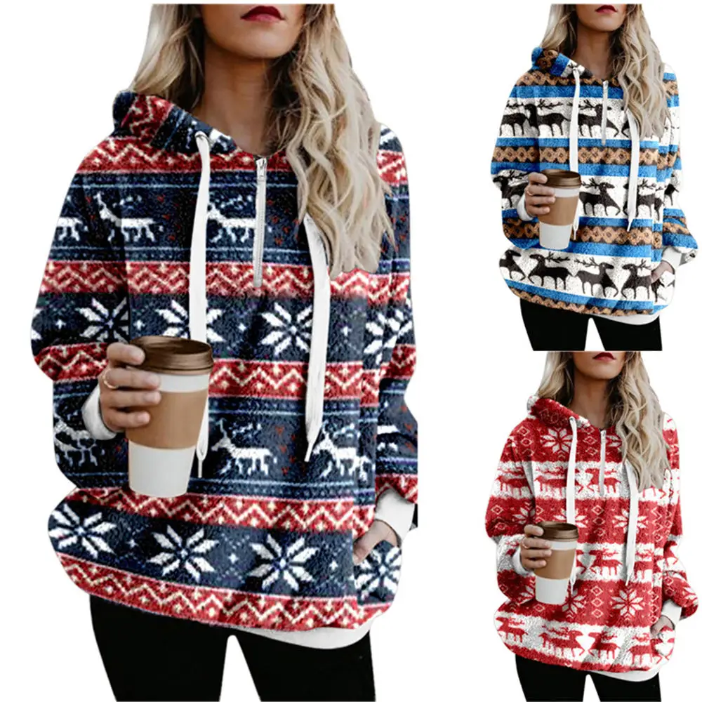 

Рождественский флисовый свитер, Пушистый пуловер с капюшоном, джемпер с рождественским принтом, женский зимний шикарный уличный трикотаж
