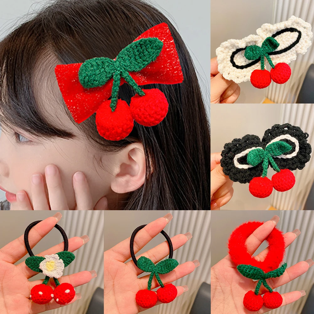 

New Children Red Cherry Headdress Hair Clip Hairband Girls Kids Cute Princess Hair Rope Clip Handwoven Woolen Hair Accessories