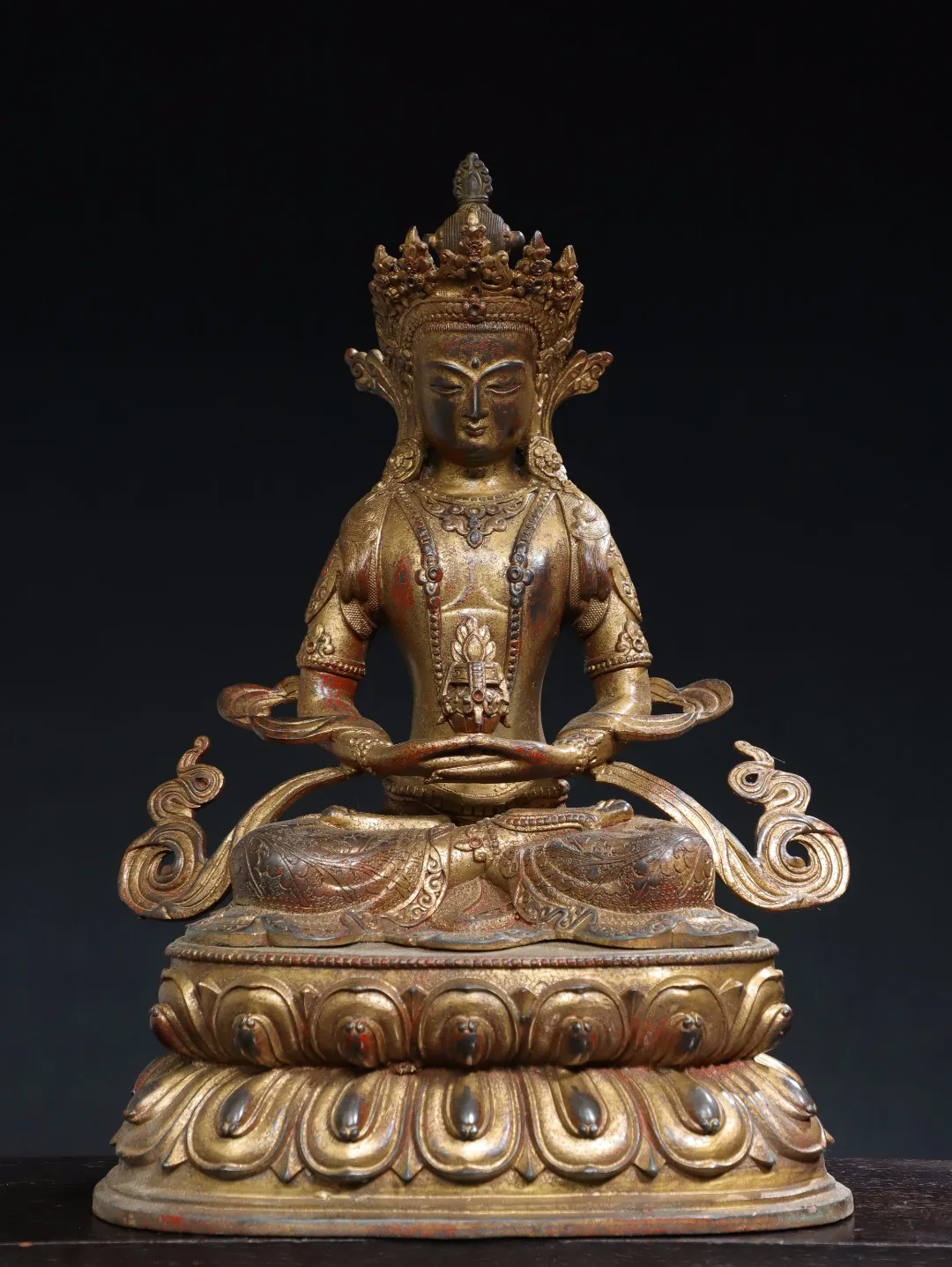 17"Tibet Temple Collection Old Bronze Cinnabar Mud gold Amitayus Longevity Sitting Buddha Double Lotus Platform Worship Hall
17"Tibet Temple Collection Old Bronze Cinnabar Mud gold Amitayus Longevity Sitting Buddha Double Lotus Platform Worship Hall