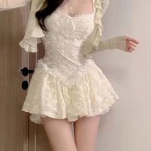 Lace France Elegant Two Peice Set Women Bow Evening Party Strap Dress Suit Female Korea Style Ruched Sweet Fairy Set Summer 2023