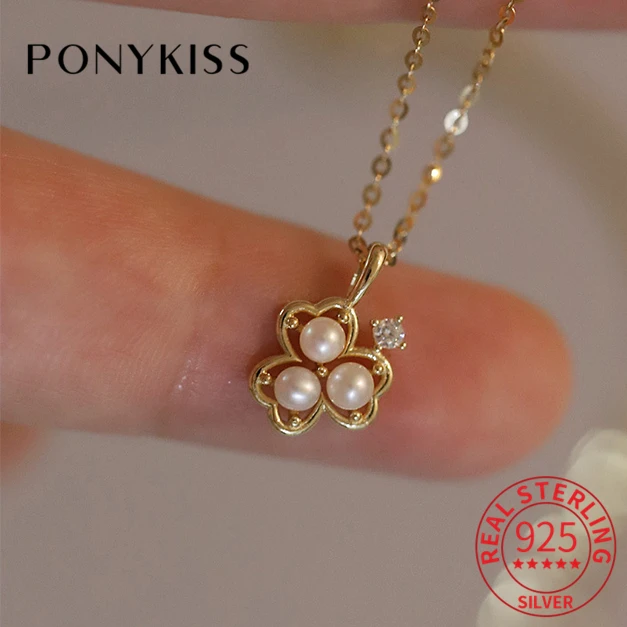 

PONYKISS Real 925 Sterling Silver Zircon Round Pearl Clover 14K Pendant Choker Necklace For Women Cute Fine Jewelry Accessories