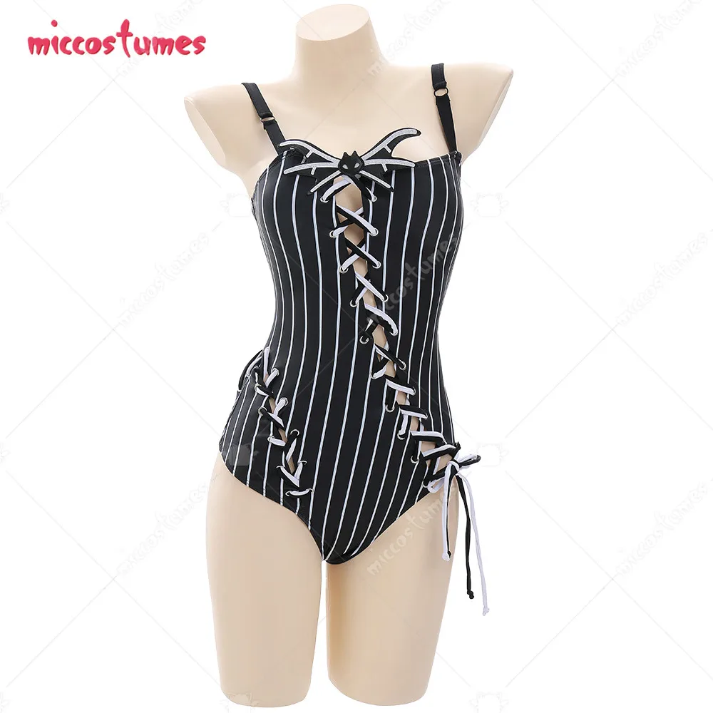 

Miccostumes Swimsuits for Women Gothic Skull Style Striped Bathing Suit Tummy Control One-piece Swimwear with Choker