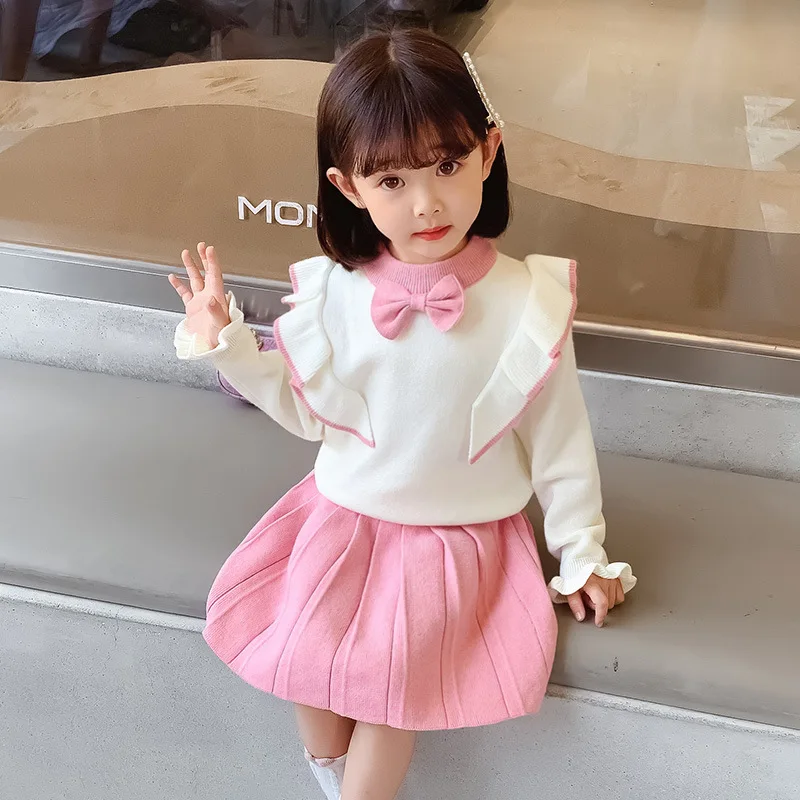 

Girls Clothing Sets Autumn Winter Girls Knitted Suit Kids Warm Long Sleeve Sweater Top Skirt Outfit for Girls Knit Bow Clothes