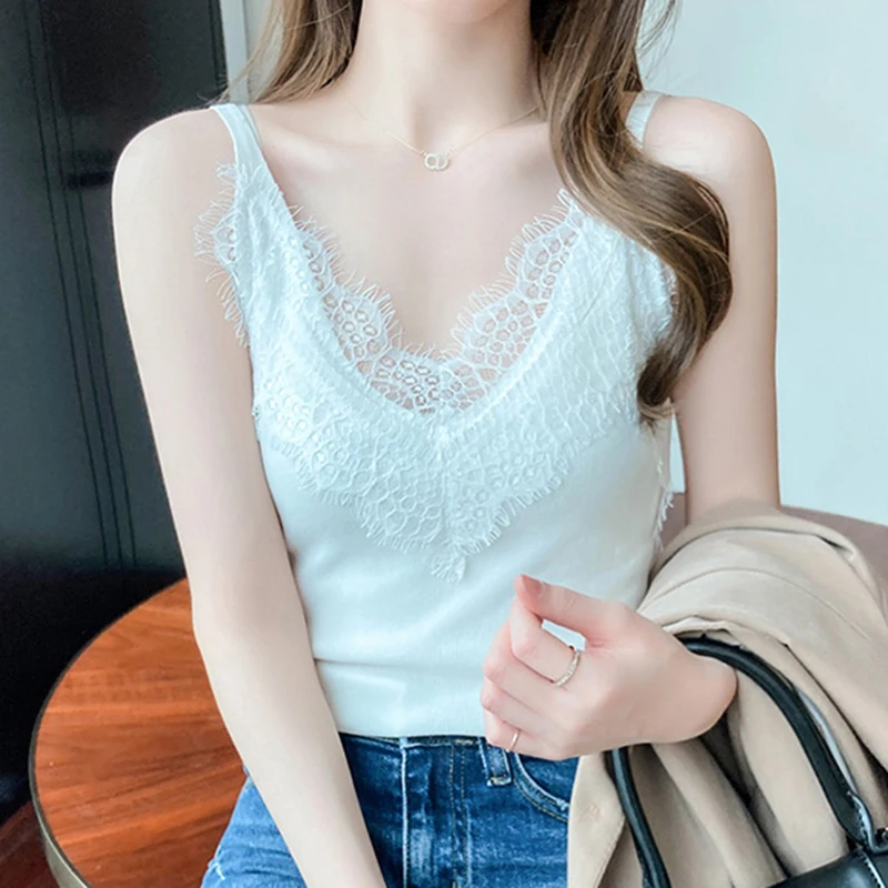 

LJSXLS Summer White Lace Top 2022 Knit Tank Top Women V Neck Sleeveless Tanks Fashion Woman Clothes Vest Female Tanques Y Camis