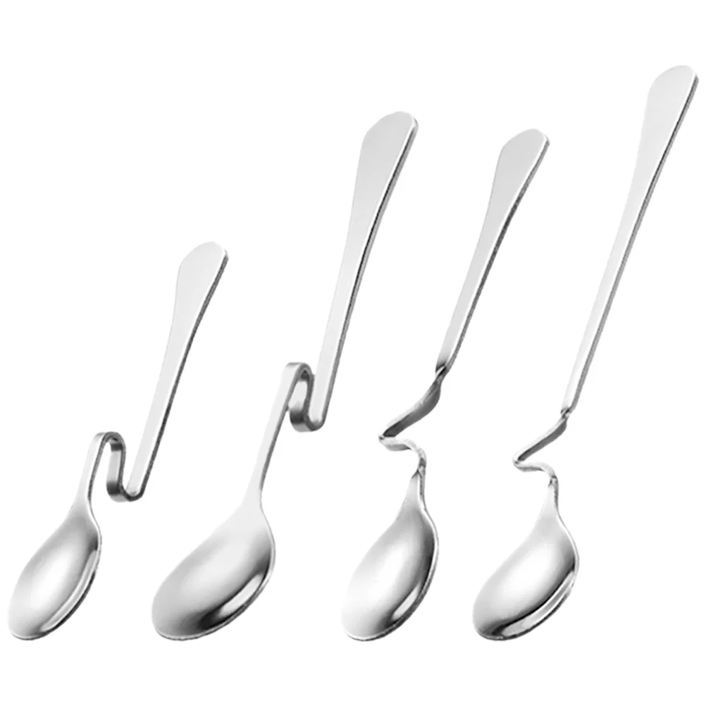 

4 Pcs Coffee Mixing Spoons Stainless Steel Curved Handle Flatware Honey Ice Cream Stirring Pudding