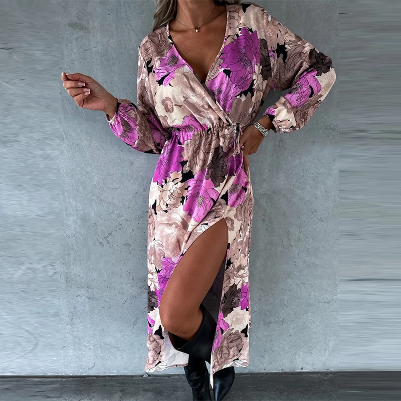 Spring Floral Print V-neck Vintage Dress Autumn Loose Split Long Sleeve Long Dress Office Women Drawstring Elegant Party Dress
Spring Floral Print V-neck Vintage Dress Autumn Loose Split Long Sleeve Long Dress Office Women Drawstring Elegant Party Dress