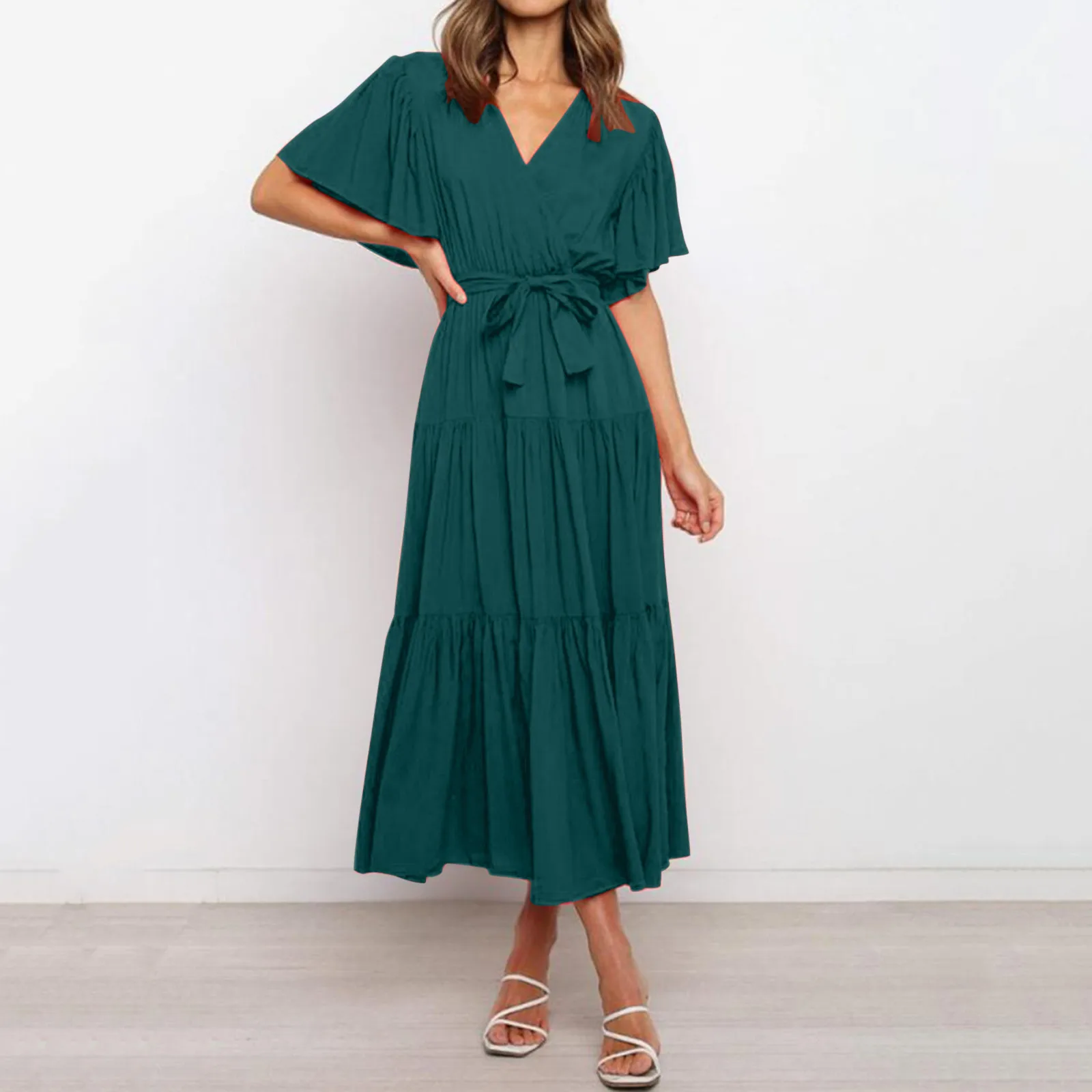 Women's Summer Ruffle Party Tiered Midi Dress Boho Beach V Neck Short Sleeve Solid Color Bandage Maxi Dress Casual Loose Dress
Women's Summer Ruffle Party Tiered Midi Dress Boho Beach V Neck Short Sleeve Solid Color Bandage Maxi Dress Casual Loose Dress