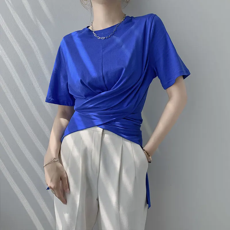 Women's Summer T-shirt O-Neck Waist-receiving Mid-length Short Sleeve T-shirts Blue Fashion Irregular Cross Shoulder T-shirt
Women's Summer T-shirt O-Neck Waist-receiving Mid-length Short Sleeve T-shirts Blue Fashion Irregular Cross Shoulder T-shirt