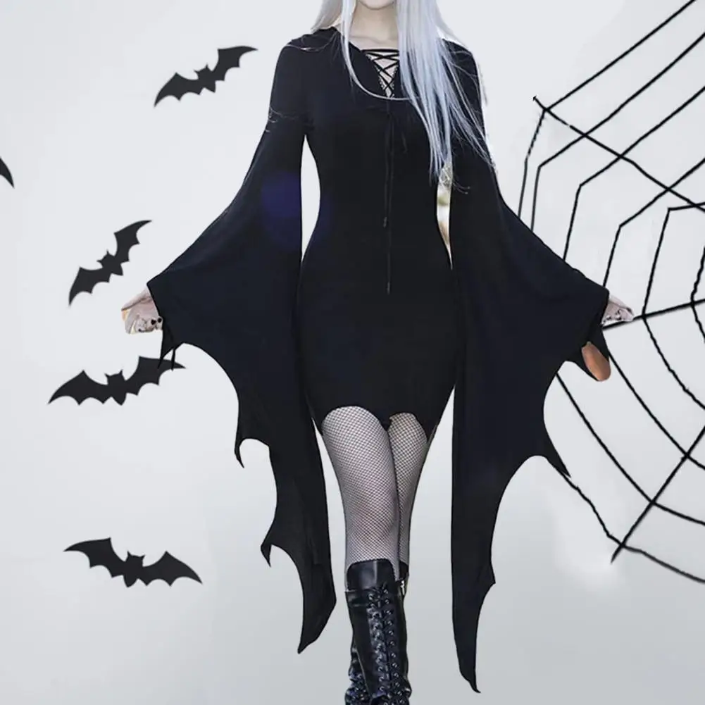 

Halloween Dress Long Batwing Sleeve Dark Style Irregular Cuff Lace Up Sheath Slim Fit Above Knee Length Party Cosplay Costume