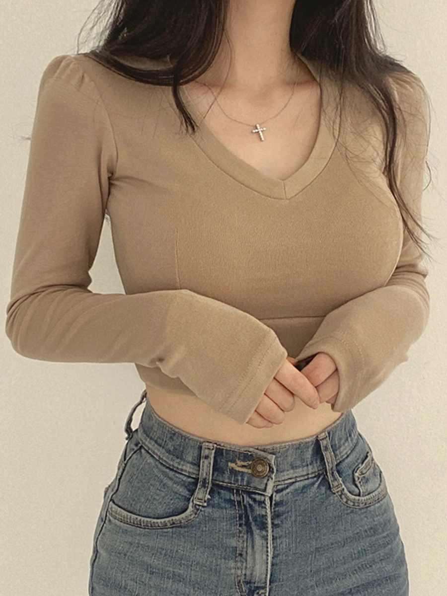 

Укороченная женская футболка с длинным рукавом, повседневный однотонный пуловер с V-образным вырезом, базовые Топы, уличная одежда, клубная одежда