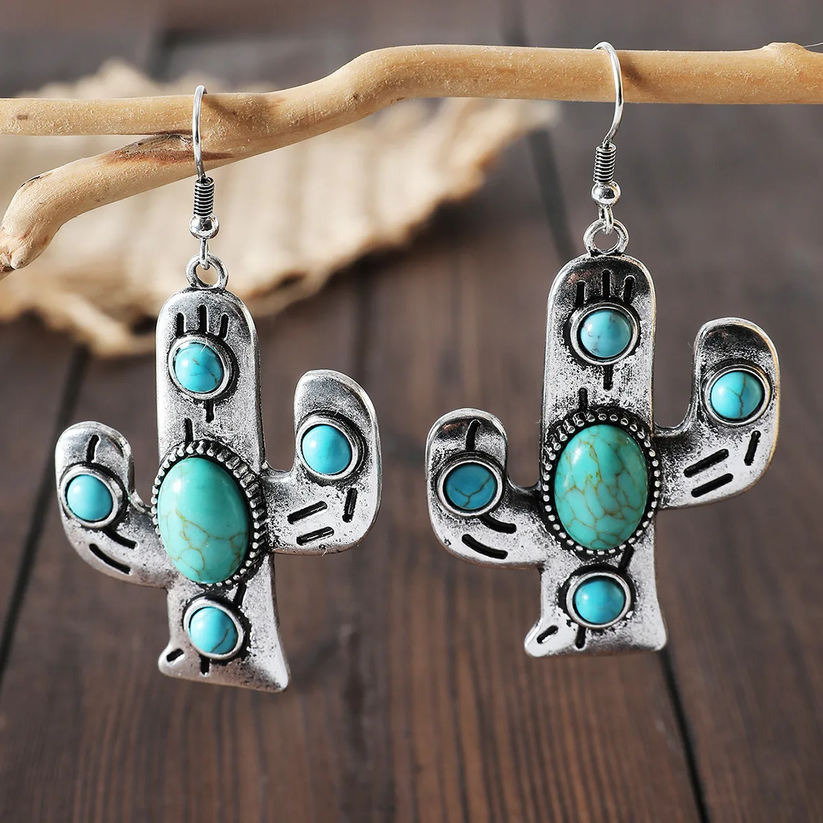 

Turquoise Cactus Earrings Western Cactus and Faux Turquoise Stone Pendant Dangle Earrings Southwestern, Cowgirl, Cowboy, Rodeo,