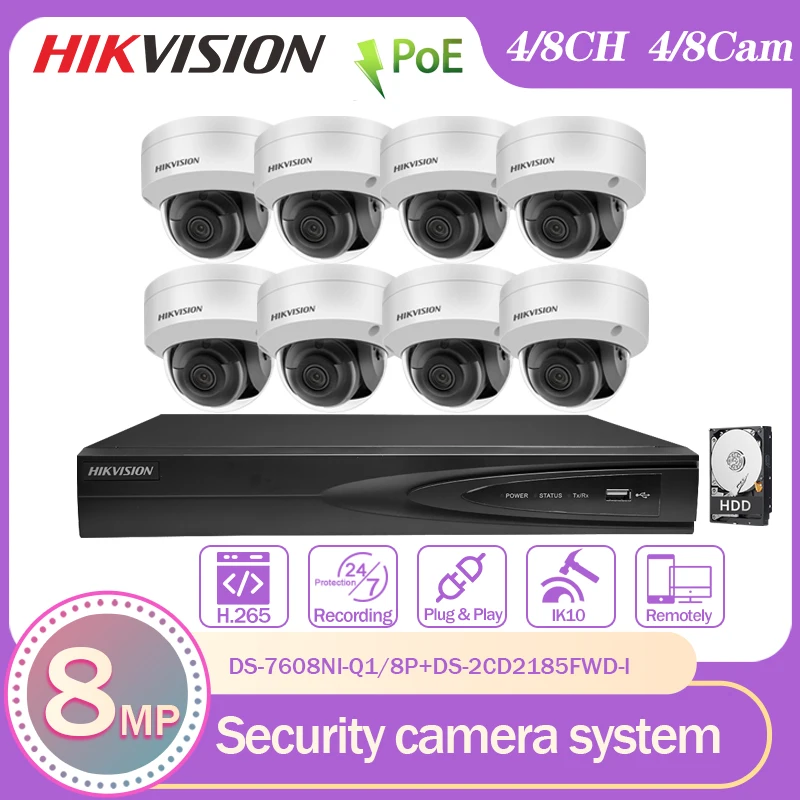 Фото Hikvision 4K камера видеонаблюдения системы безопасности 4CH 8CH POE IP веб-камера NVR Kit