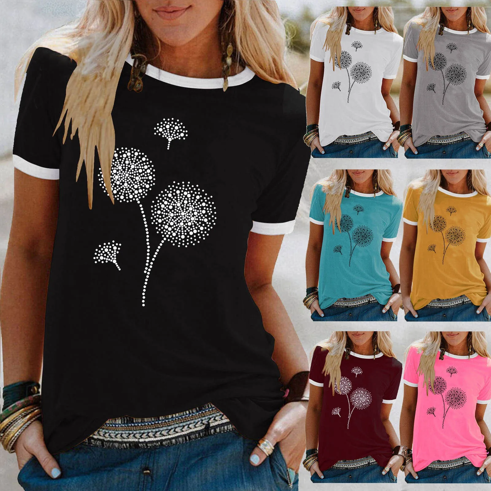 Женская футболка с круглым вырезом, коротким рукавом и принтом одуванчиков
Женская футболка с круглым вырезом, коротким рукавом и принтом одуванчиков