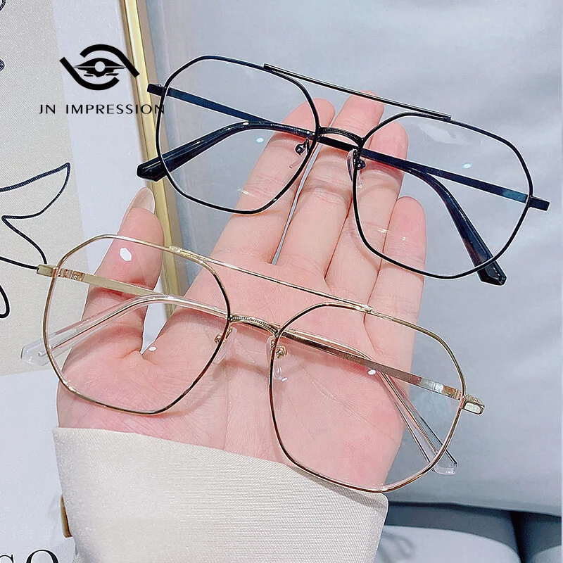 

New Polygon Double Beam Metal Frame Anti-blue Light Finished Myopia Glasses 50-600 Degrees for Men and Women Minus Eyeglasses