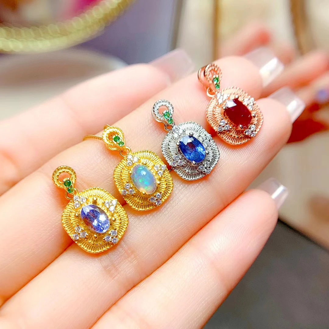 

MeiBaPJ Natural Ruby/Opal/Tanzanite/Sapphire Fashion Pendant Necklace 925 Silver Colourful Stone Fine Wedding Jewelry for Women