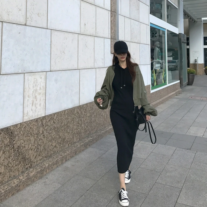 Pullover Spring Autumn Knee-Length Dress Women Solid Colors Hooded Drawstring Slim Dresses Fashion Sport Style Casual Streetwear 
Pullover Spring Autumn Knee-Length Dress Women Solid Colors Hooded Drawstring Slim Dresses Fashion Sport Style Casual Streetwear