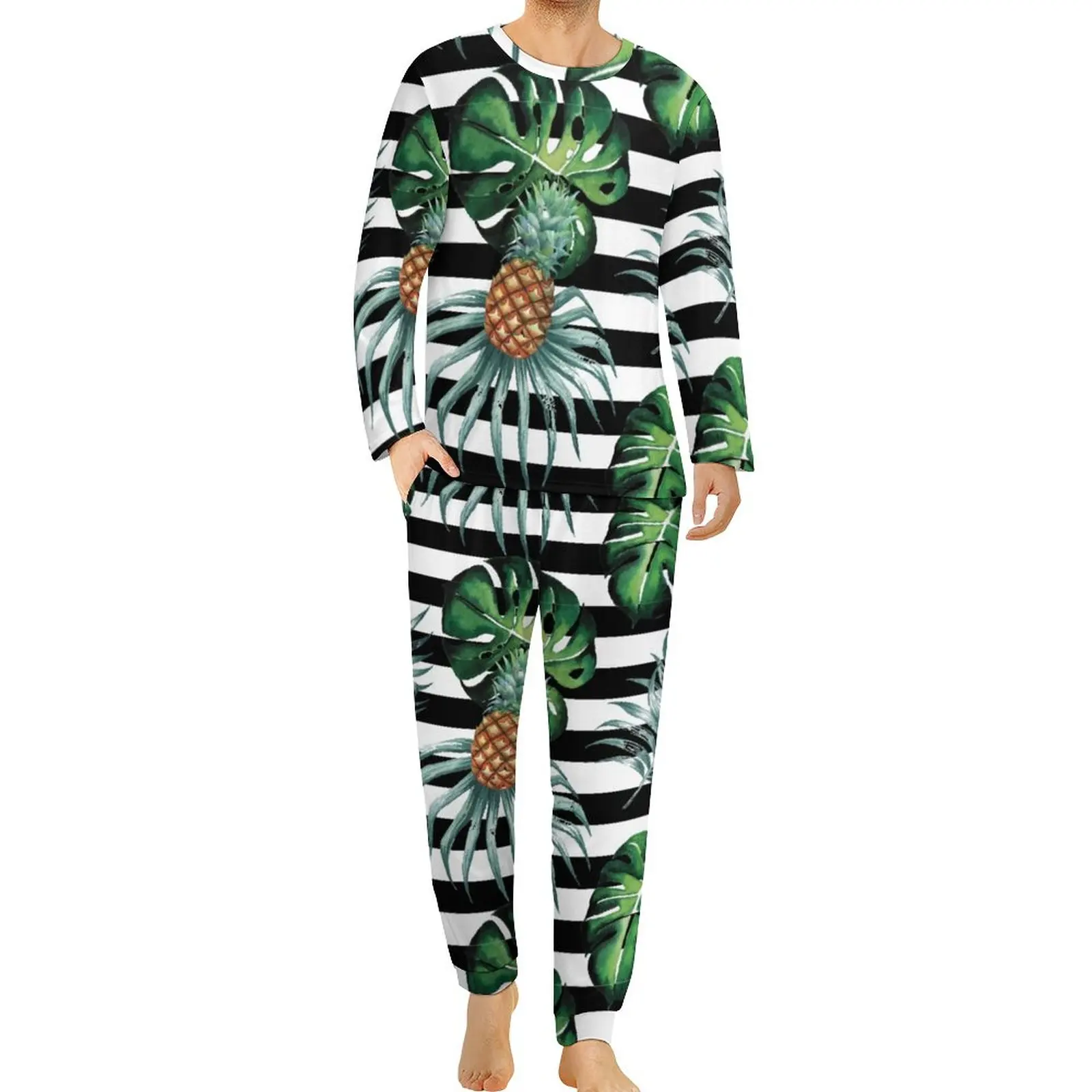 

Tropical Pineapple Pajamas Daily Black Stripes Print Kawaii Pajama Sets Long Sleeve Casual Design Nightwear Big Size 4XL 5XL