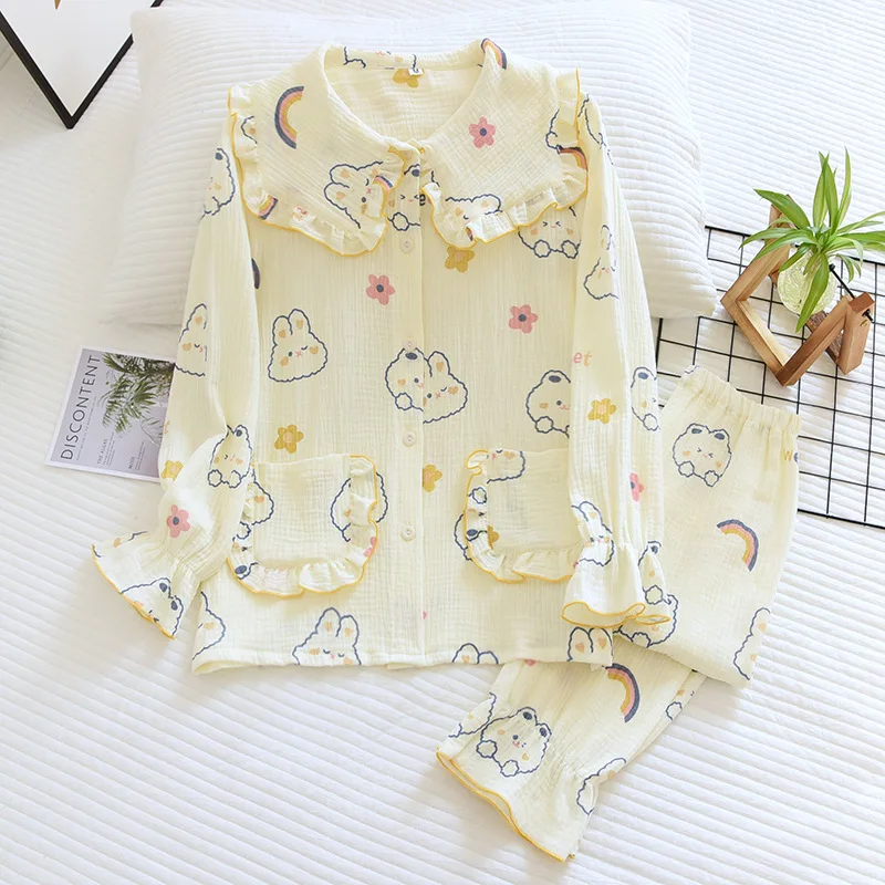 New Spring And Autumn Women's 100%Cotton Pajamas Long-sleeved Trousers Two-piece Rainbow Rabbit Lotus Leaf Collar Loungewear Set
New Spring And Autumn Women's 100%Cotton Pajamas Long-sleeved Trousers Two-piece Rainbow Rabbit Lotus Leaf Collar Loungewear Set