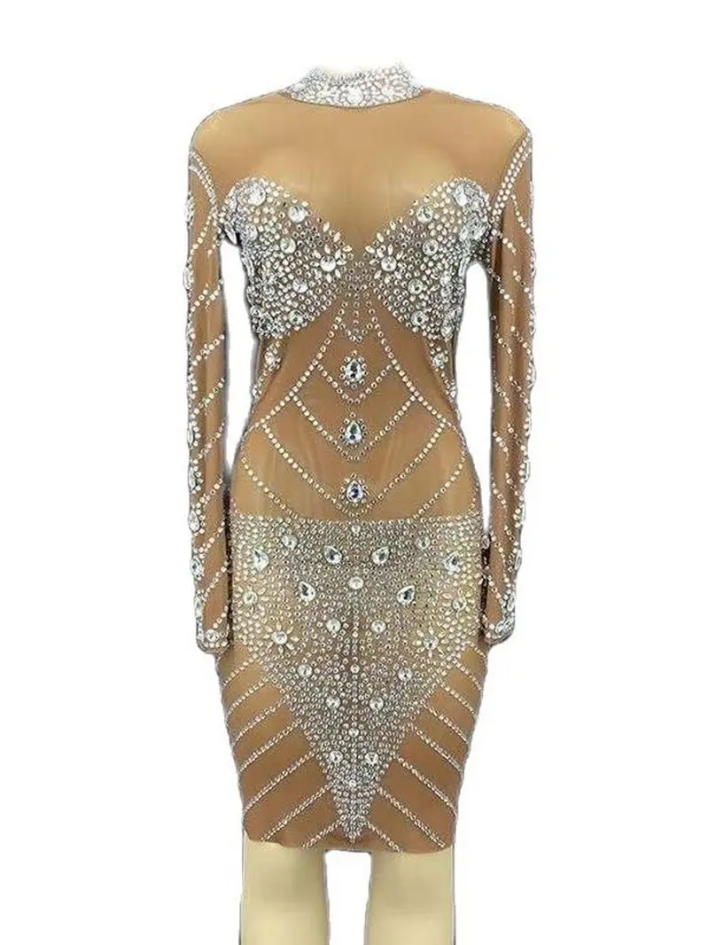

Коричневое блестящее сексуальное платье разы с длинными рукавами и кристаллами для женщин, вечерняя одежда, костюм певицы для сцены