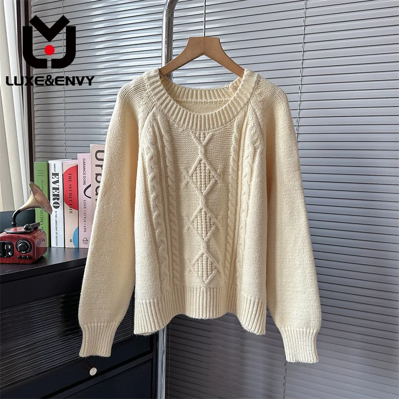 

LUXE&ENVY Korean Pullover Sweater New Loose Soft Waxy Round Neck Fried Dough Twists Knitwear Versatile Bottoming 2023 Winter