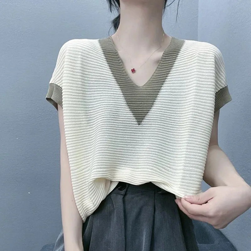 V Neck Contrast Color Top Knitted T Shirt Women Loose Casual Woman Clothes Tshirt 2023 Summer Tee Shirt Femme T Shirt For Women
V Neck Contrast Color Top Knitted T Shirt Women Loose Casual Woman Clothes Tshirt 2023 Summer Tee Shirt Femme T Shirt For Women