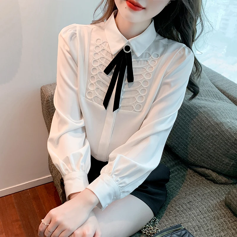 

Turndown collar White shirt Spring 2022 Elegant Bow tie OL Tops Lantern sleeve Women Chiffon blouse blusa feminina