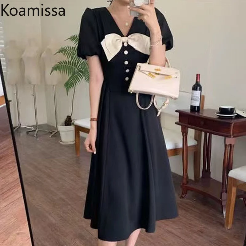 Koamissa Elegant Women Black Midi Dress Puff Sleeves V-neck Bow Summer Dress Office Lady Korean Slim Bodycon Vestido Dropshipp
Koamissa Elegant Women Black Midi Dress Puff Sleeves V-neck Bow Summer Dress Office Lady Korean Slim Bodycon Vestido Dropshipp