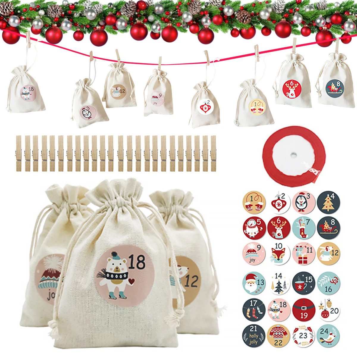 Льняные подвесные календари с календарём, мешочки для конфет на шнурке с деревянными зажимами и наклейками, 24 дня 
Льняные подвесные календари с календарём, мешочки для конфет на шнурке с деревянными зажимами и наклейками, 24 дня
