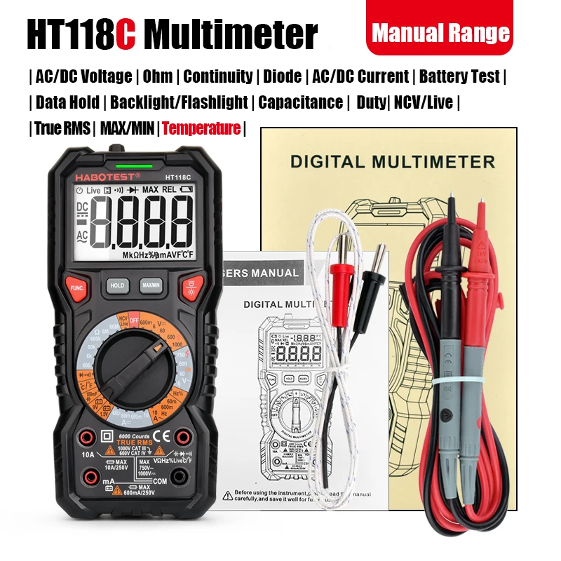 HT118A C D Digital Multimeter Auto Range NCV Hz Ture RMS AC DC 6000 Count Professional High Precision Portable Vot Tester
HT118A C D Digital Multimeter Auto Range NCV Hz Ture RMS AC DC 6000 Count Professional High Precision Portable Vot Tester