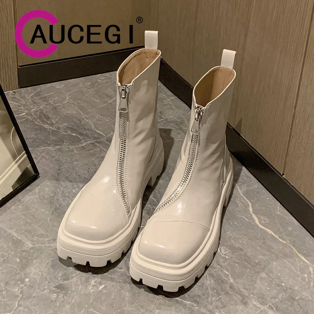 

Aucegi Concise Elegant Genuine Leather Ankle Boots Fashion Square Toe Zipper Decorations Chunky Heels Commuter Handmade Shoes