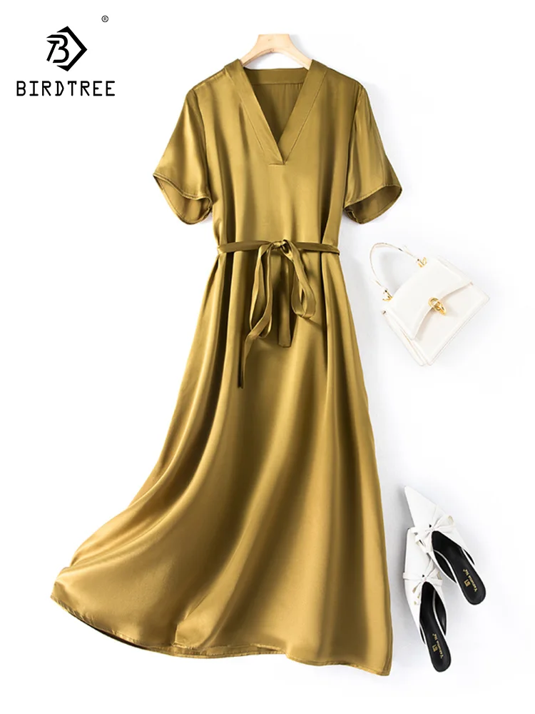 Birdtree 100%Mulberry Silk Summer Solid Dress Women's V-neck Short Sleeve Wide Songsang Silk Waist Waist Length Dress D37619QC
Birdtree 100%Mulberry Silk Summer Solid Dress Women's V-neck Short Sleeve Wide Songsang Silk Waist Waist Length Dress D37619QC