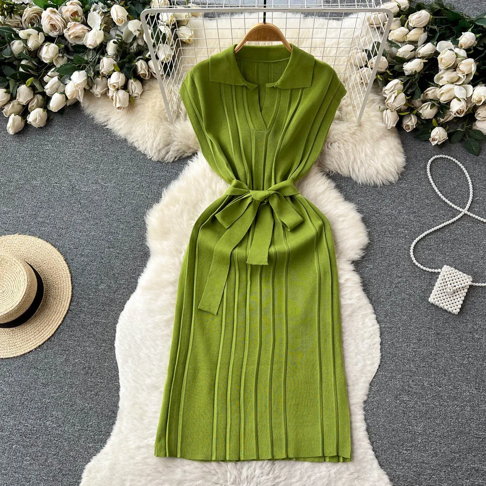 Solid Color Casual Vestido A-line Knitted Dress With Belt Loose Sleeveless Turndown Collar Pit Stripe Women Summer Sundress 2023
Solid Color Casual Vestido A-line Knitted Dress With Belt Loose Sleeveless Turndown Collar Pit Stripe Women Summer Sundress 2023