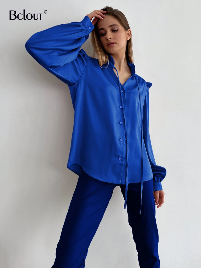 Bclout Blue Satin Vintage Top Women Lace-Up V-Neck Lantern Sleeve Blouses Elegant Single Breasted Party Ruffle Shirts Woman 2022 
Bclout Blue Satin Vintage Top Women Lace-Up V-Neck Lantern Sleeve Blouses Elegant Single Breasted Party Ruffle Shirts Woman 2022