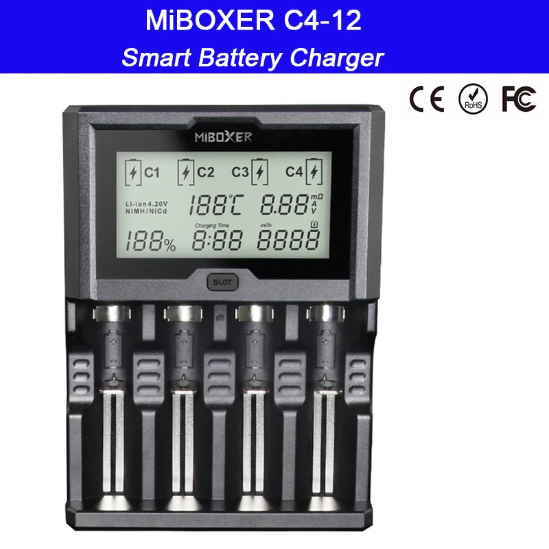 Miboxer C4-12 Smart Universal Battery Charger 12V 5A 4 Slots LCD Screen Li-ion/Ni-MH/Ni-Cd/LiFePO4 18650 26650 AAA AA
Miboxer C4-12 Smart Universal Battery Charger 12V 5A 4 Slots LCD Screen Li-ion/Ni-MH/Ni-Cd/LiFePO4 18650 26650 AAA AA