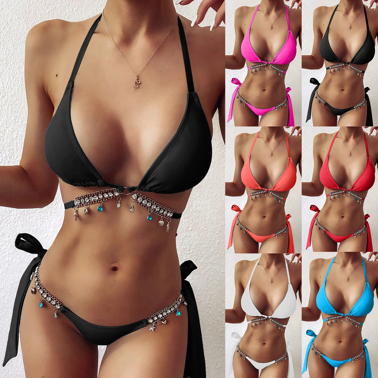 Женский летний модный пикантный однотонный комплект бикини с цепочкой со стразами и маленьким колокольчиком на шнуровке с лямкой на шее 
Женский летний модный пикантный однотонный комплект бикини с цепочкой со стразами и маленьким колокольчиком на шнуровке с лямкой на шее