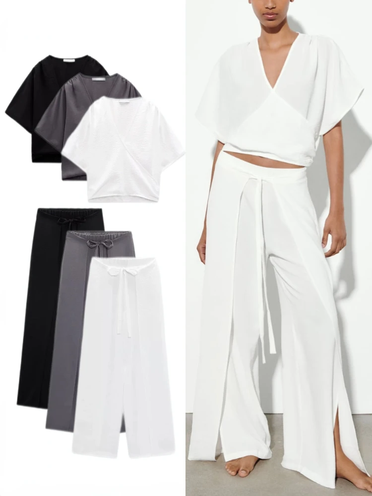 Women's Summer New V-neck Short Sleeve Flowy Wrap Top Elastic Tie Fasten Overlap Wrap Mid-waist Fluid Pareo Wide Leg Pants
Women's Summer New V-neck Short Sleeve Flowy Wrap Top Elastic Tie Fasten Overlap Wrap Mid-waist Fluid Pareo Wide Leg Pants